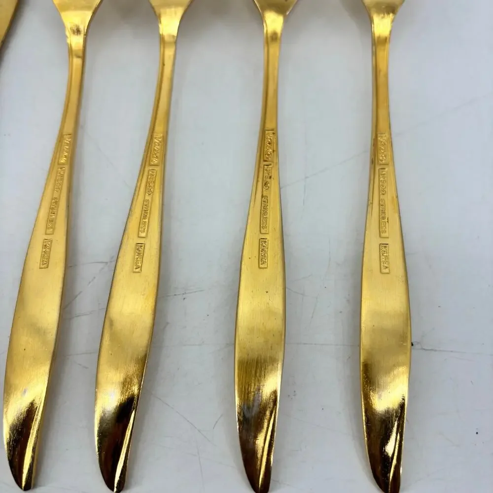 Vassar Nasco Stainless Steel Flatware Gold Tone Wheat Leaves 80s Knifes Forks